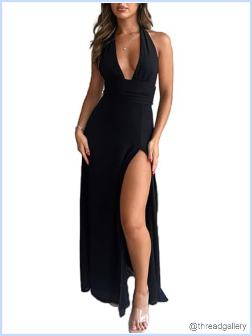 Ekaliy Halter Neck Maxi Dress Sleeveless Backless Plunging Deep V Neck